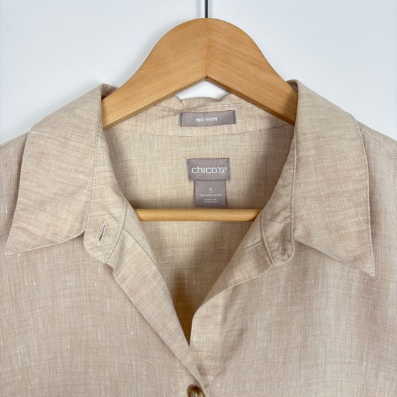 Chico's Womens No Iron Linen Button Up Tunic Top Size 16/18 Beige 3/4 Sleeve - Picture 3 of 10